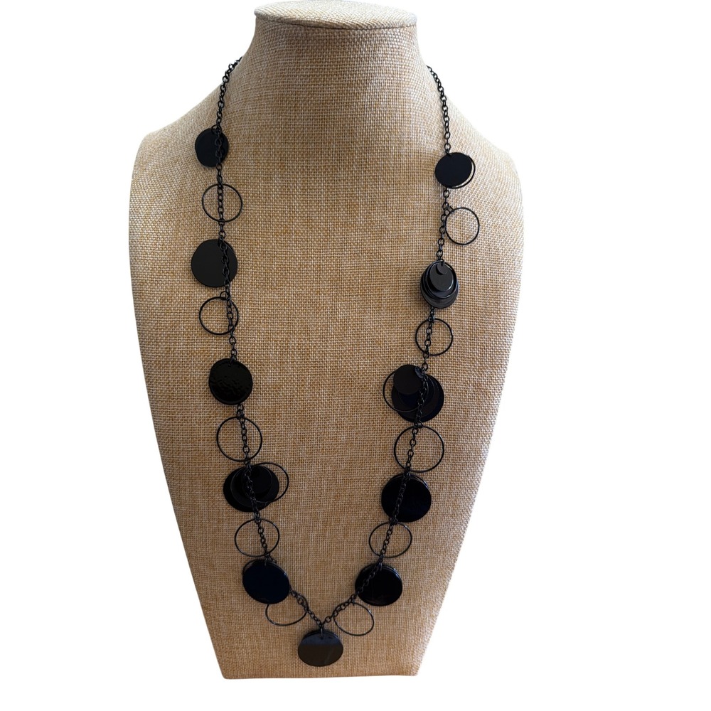 Black Metal Geometric Long Station Necklace Circle Disc Open Ring Link Layering